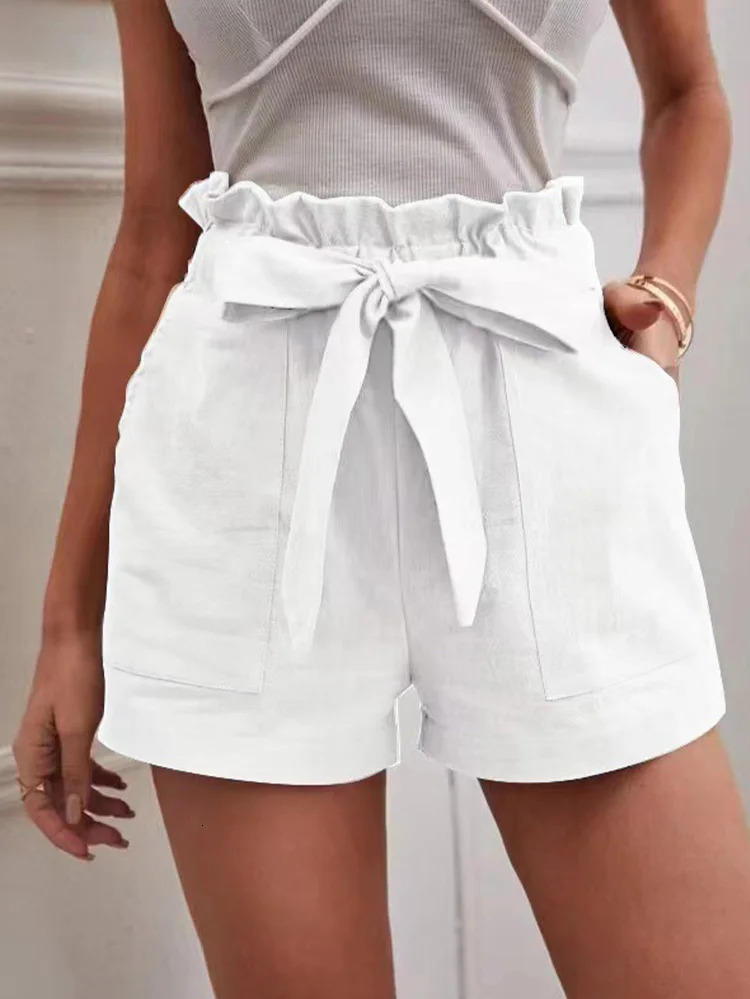 Stylish Solid Color White Shorts Women Pocket Drawstring Casual short Pants Summer Daily Pants 250227