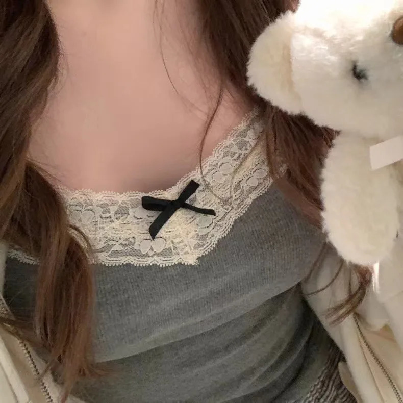 Y2k Bow Knitted V Neck Mini Vest Summer Lace Crop Top Women Cute Basic Camis Harajuku Sweats Chic Aesthetic Korean Tee Coquette 250224Z