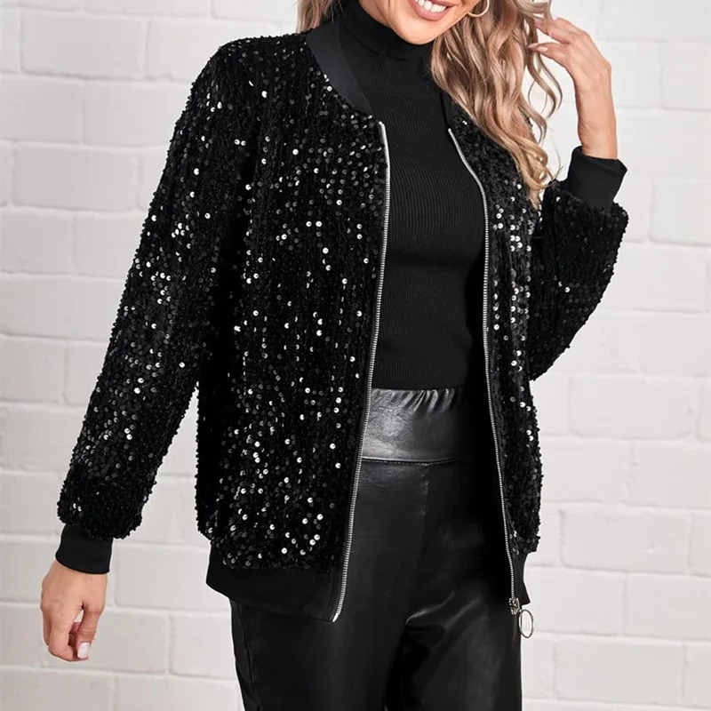 Womens fashionable Oneck long sleeved zipper cardigan top casual version solid color jacket street shiny sequin baseball 250227