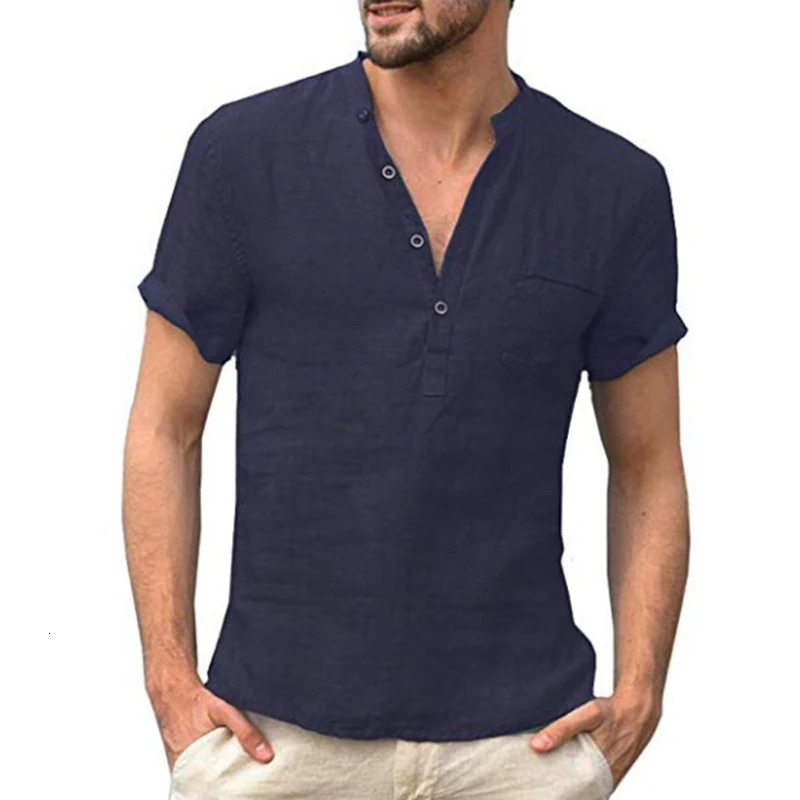 Summer Fashion Cotton Linen Casual T-Shirts Casual Male Short Sleeve V-Collar Breathable Mens Tee Button-up T S-5XL 250224