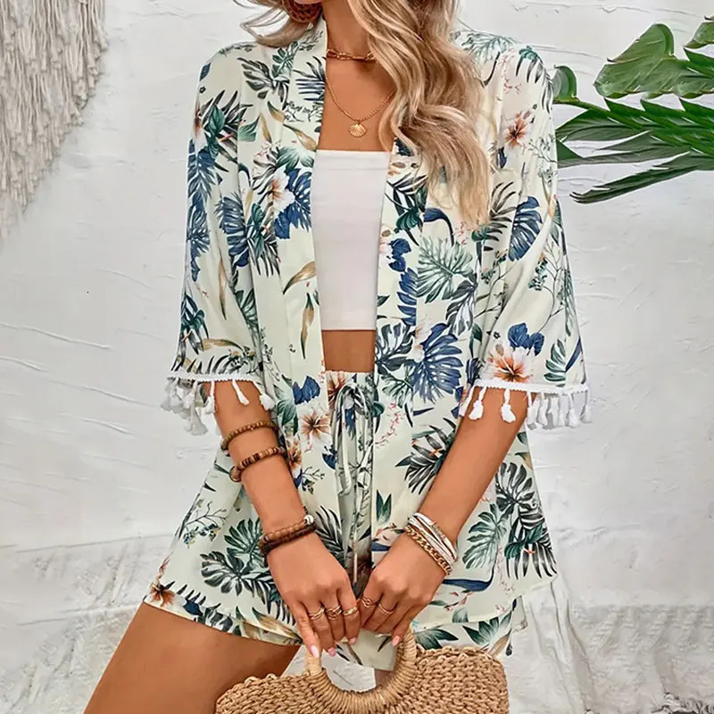 Two Piece Set For Women Outfits Open-front Cardigan Smock Flower Printed Beach Shorts Summer Suits Female Clothing Beachwear 250226