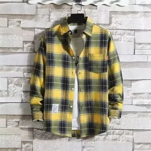 Harajuku Style Yellow Plaid Shirt For Men And Women Casual Loose Fit Long Sleeve British Fashion Trendy Couple Clothing 250226
