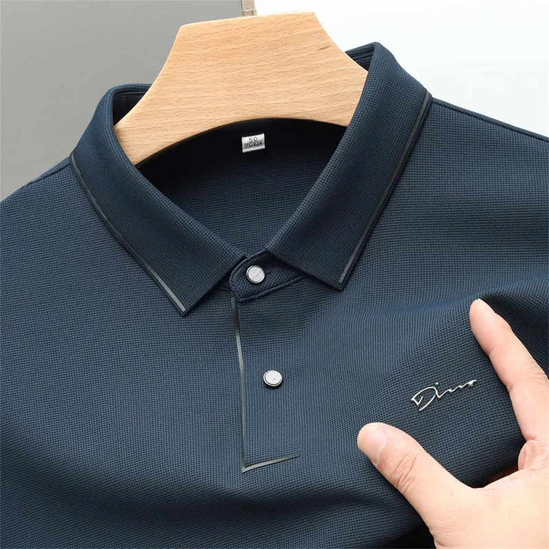 High end ice silk long sleeved fashionable letter printed polo shirt autumn trend mens lapel T-shirt casual top 250225