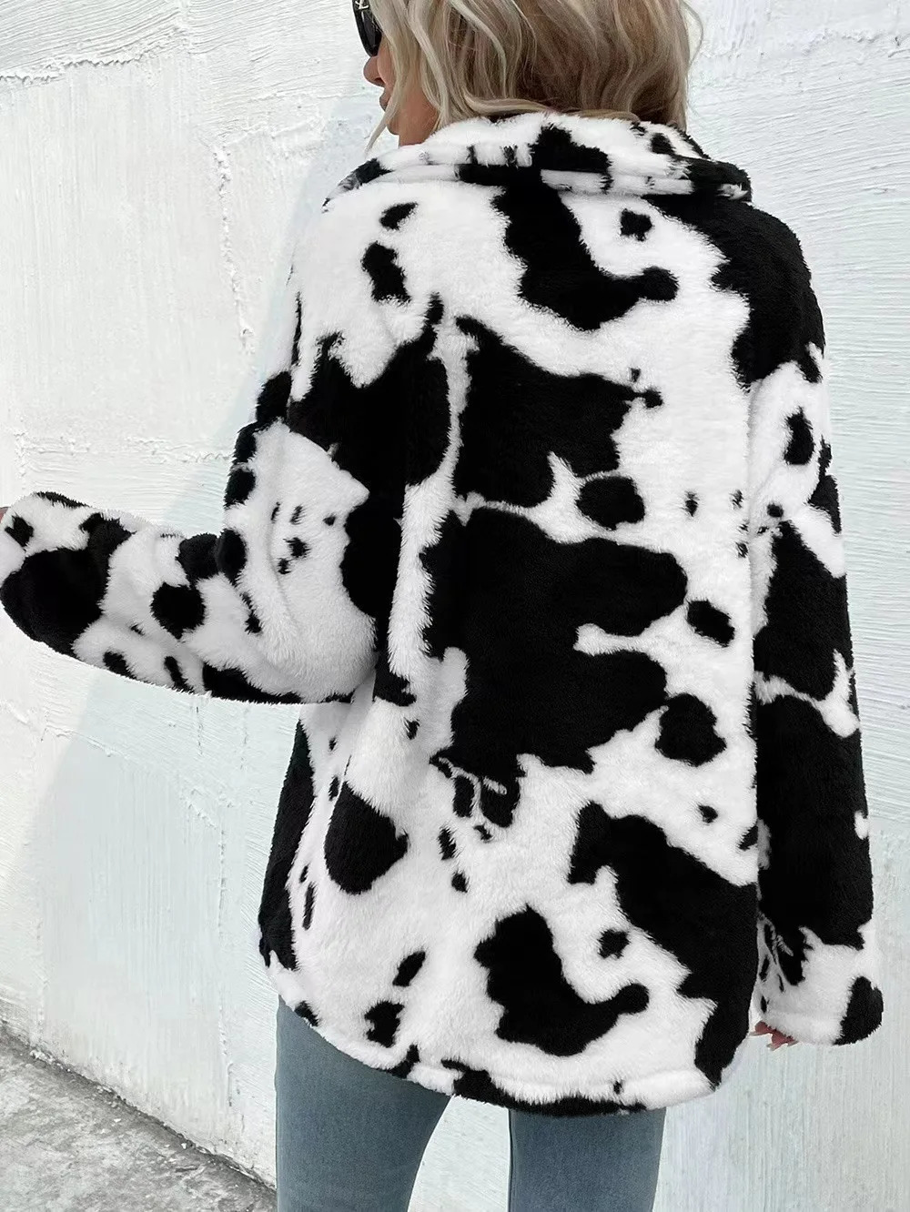 Womens Cow Print Doublesided Cashmere Coat Autumn Winter Loose Coats With Pockets Single Breasted Lapel Collar Plush Jacket 250227