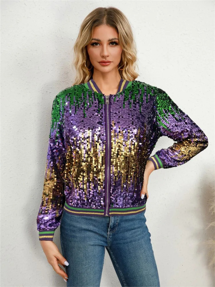 Y2K Streetwear Women Sequin Jackets Long Sleeve Short Coats European Style Female Tops Zipper Splicing Jacket Autumn 250227