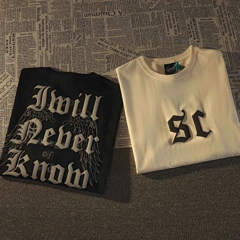 Gmiixder Retro Street Short sleeved Tshirt Spring American Super Large Punk Letter Mens Hip Hop Clothing 250226