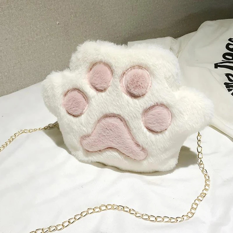 Ship from US Fashionable Womens Shoulder Bag Adorable Paw Print Plush Handbag with Chain Strap Spacious Crossbody Purse for Everyday Use 250227FBB