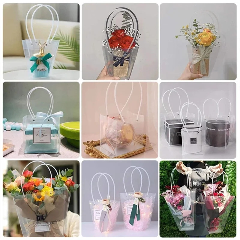 10pcs PVC Transparent Portable Flower Packaging Bag Square Trapezoid Handle Festival Gift Plastic Waterproof Storage Packing Bag 250221