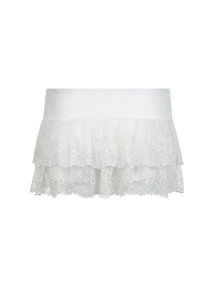 Black Solid Low Waist Tiered Lace Shorts Skirts Womens White Fairycore Micro Boho Skirt 250226