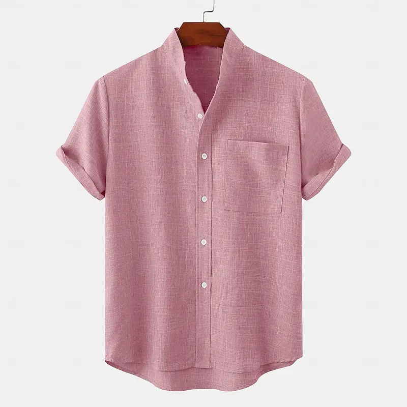 Mens top linen 100% selling shirt half open button up collar solid color European size 250226