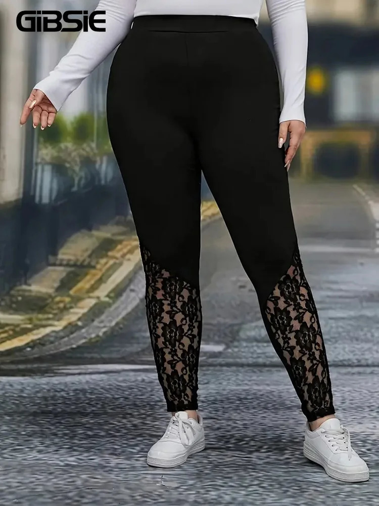 GIBSIE Plus Size Womens Fashion Contrast Lace Black Leggings Spring Fall High Waist Elastic Casual Skinny Leggings Female 250226