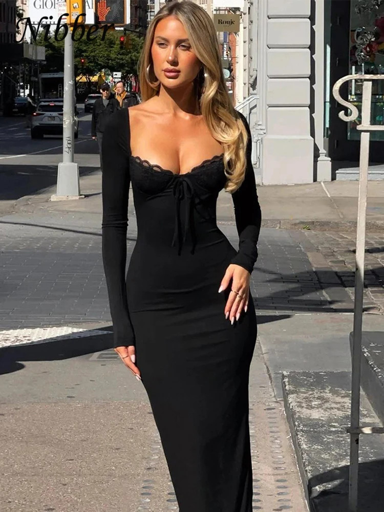 Nibber Elegant Bandage Dress Womens Mesh Splicing Work Square Collar Full Set Elastic Robe Comfortable Trend Classic Long Body 250226