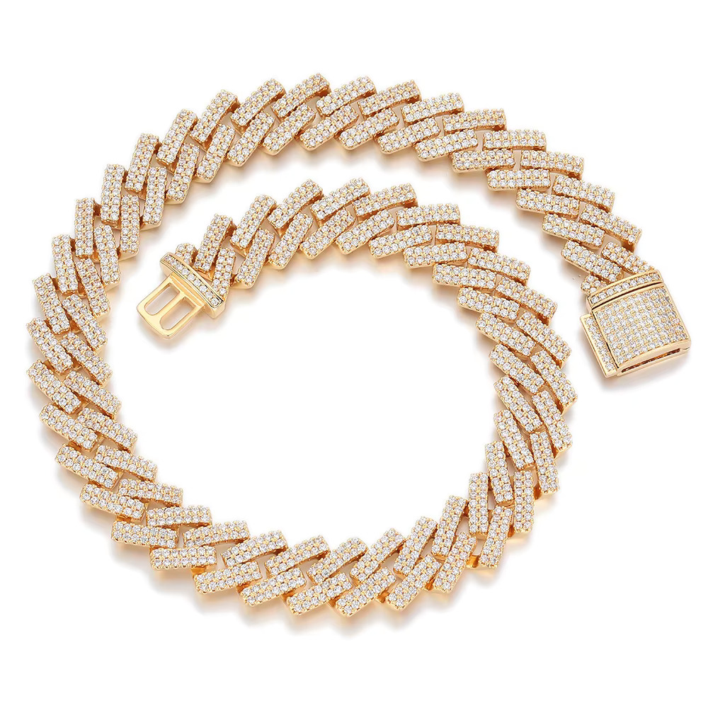 European American Fashion 18mm Copper Gold-Plated Zircon Miami Cuban Chain Necklace 2 Rows k Number Shape Alloy Moissanite