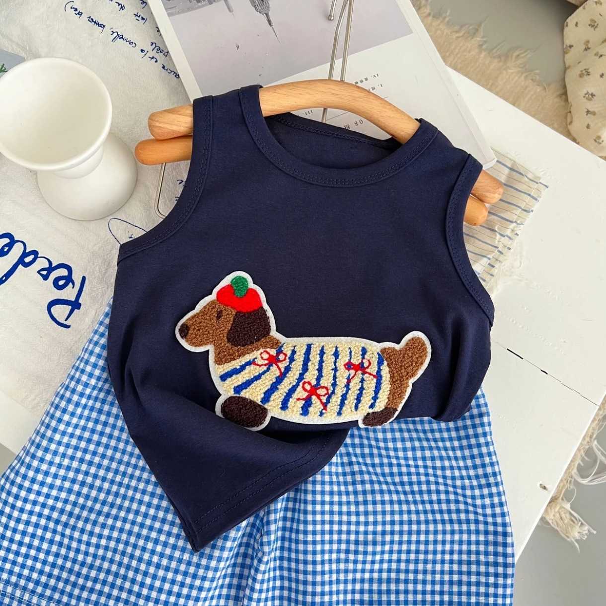 Clothing Sets 2025 Summer New Childrens Boys and Girls Fashion Leisure Korean Edition Western Summer Dress Loose Cartoon Vest SetY2502270A3G