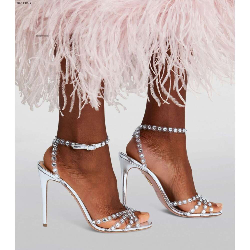 Women's green Sier peep toe Thin High Heel Rhie Sandals Embellished Ankle Strap Strappy Party Dress designer sandals