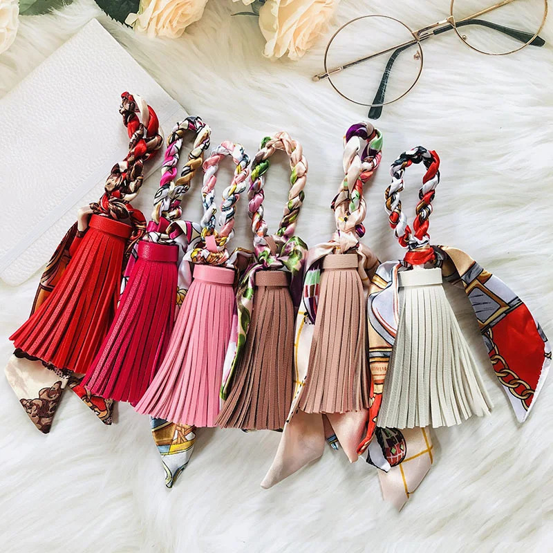 Tassel Bag Pendant Fashion Tassels Keychains for Women Cute Colorful Silk Scarf Car Keychain Accessories 250227