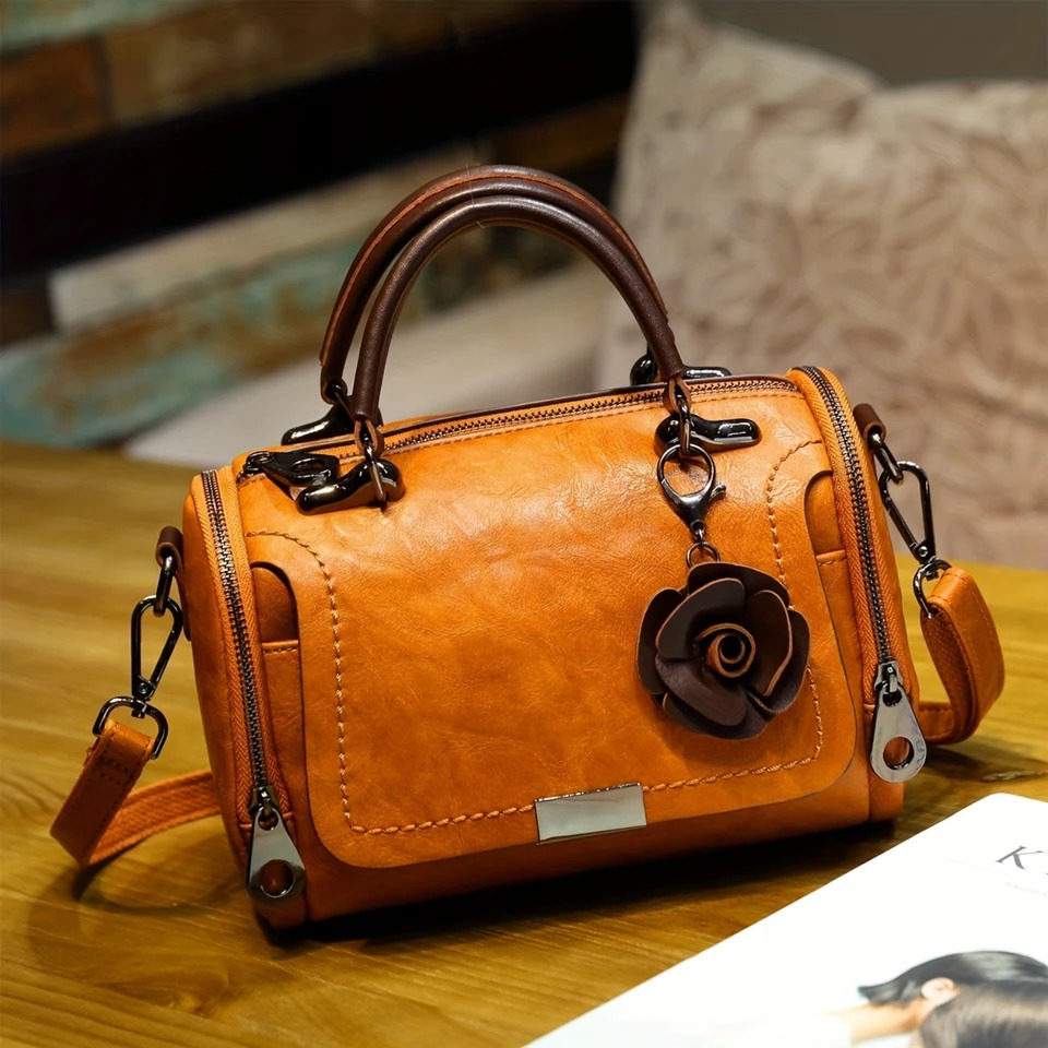 Ship from US Vintage Top Handle Boston Bag Retro Genuine Leather Crossbody Womens Classic Handbag Shoulder Purse 250227FBB