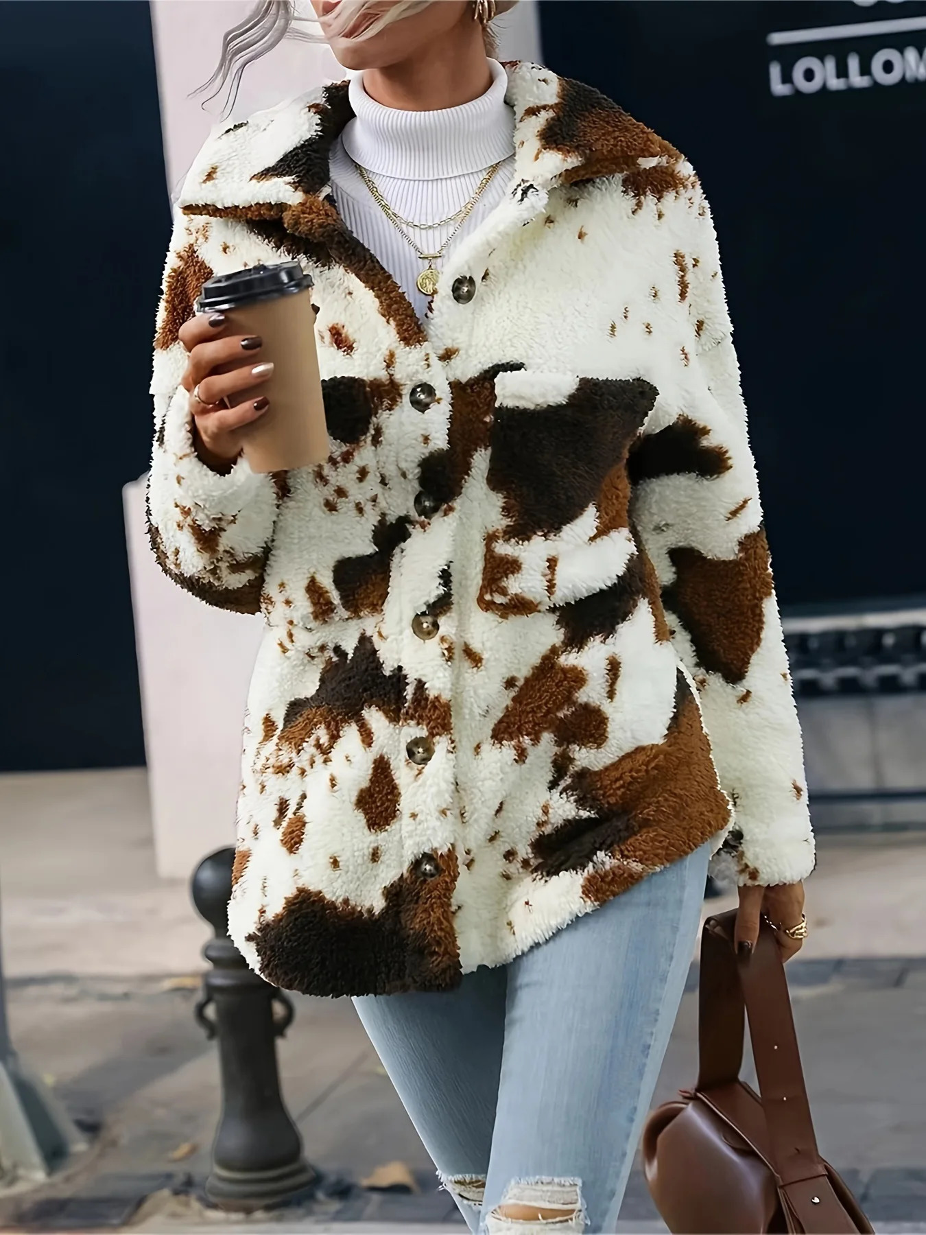 Womens Cow Print Doublesided Cashmere Coat Autumn Winter Loose Coats With Pockets Single Breasted Lapel Collar Plush Jacket 250227