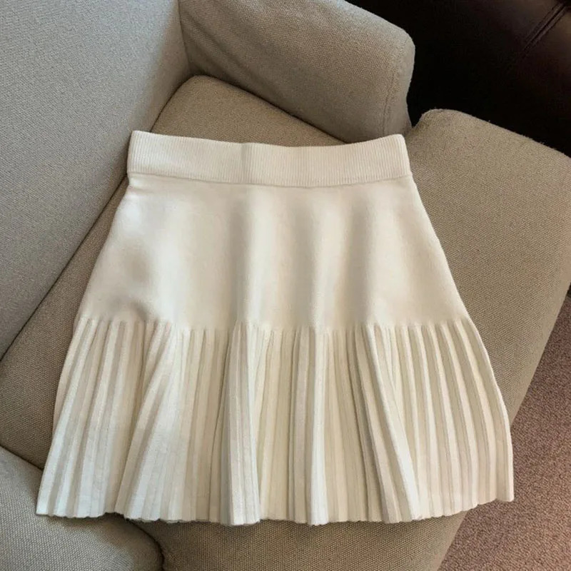 Xpqbb Knitted Pleated Skirt Women Fall Winter High-waisted A-line Skirt Female Preppy Style All-match Patchwork Mini Skirts 250224
