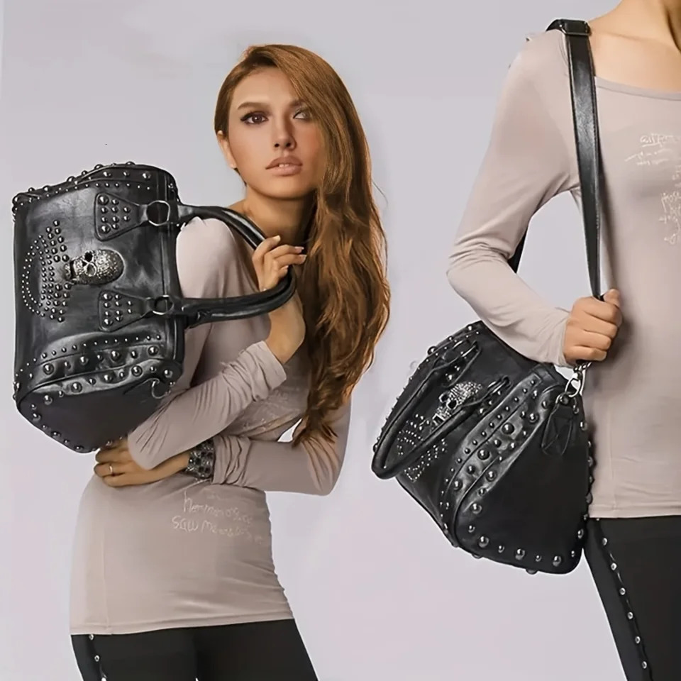 Ship from US Dark Enchantment Skull Tote Bag Steampunk Studs Boston Style Gothic Chic Top Handle Crossbody 250227FBB