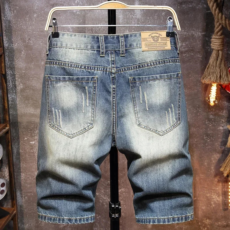 Summer Mens Perforated Denim Shorts Loose Straight Capris Casual Versatile Middle Pants 250226