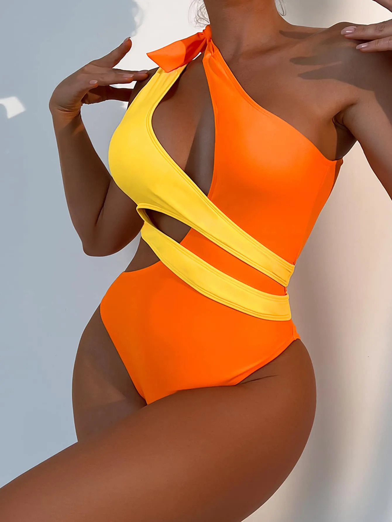 Sexy Green Patchwork One Piece Swimsuit Women One Shoulder Hollow Out Tummy Control Swimwear Summer Bathing Suit Trikini 250227