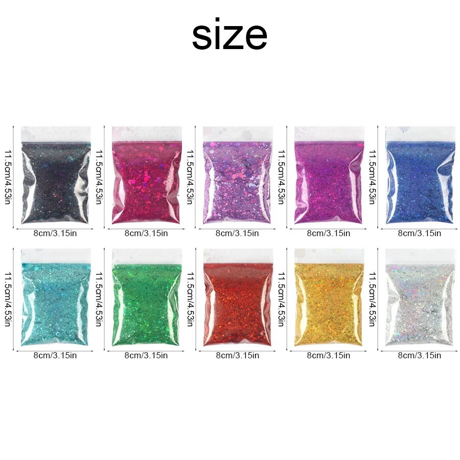 10 Colors 20g Holographic Nail Glitter Laser Color Nails Art Flakes Mixed Size Hexagon Sequin Nail Powder Nail Art Decoration 250227