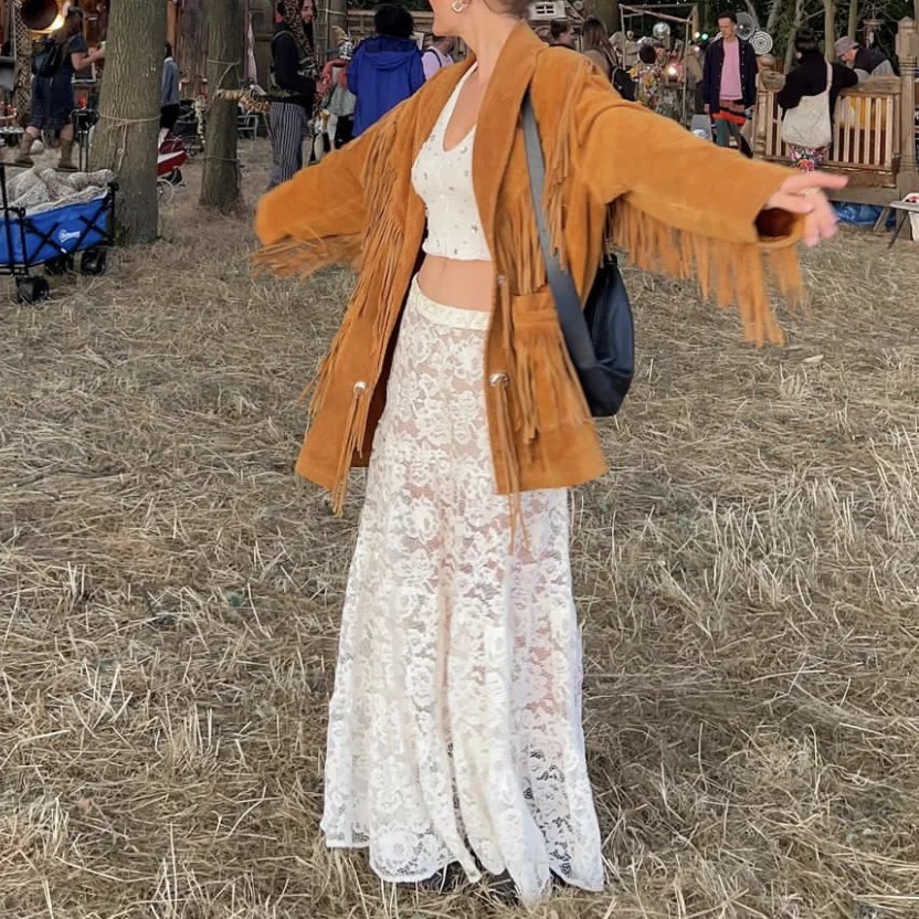 Combhasaki Womens Summer Y2K Vintage Floral Lace Sheer See-Through Elastic High Waist Ruffled Hem Swing A-Line Long Skirts 250224