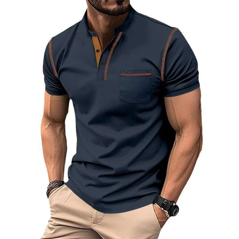 2024 Summer Short sleeved Henley Shirt Men's Round Neck Color Block T-shirt