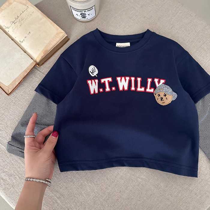 T-shirts Childrens fake two-piece T-shirt spring and autumn style small childrens clothing top cotton baby striped bottom shirt long sleeved boys styl