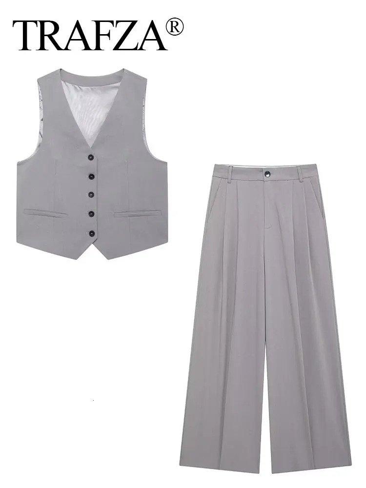 TRAFZA Women Solid Pant Sets Adjustable Back Strap Single Breasted VNeck Vest High Waist Trousers Fashion Street Outfit 250226