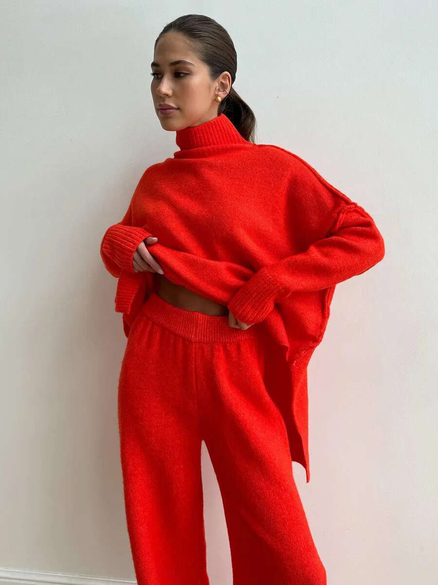 2025 Turtleneck Sweater Women's European, American Autumn And Winter New Loose Casual Lazy Thickened Knitted Trousers Set
