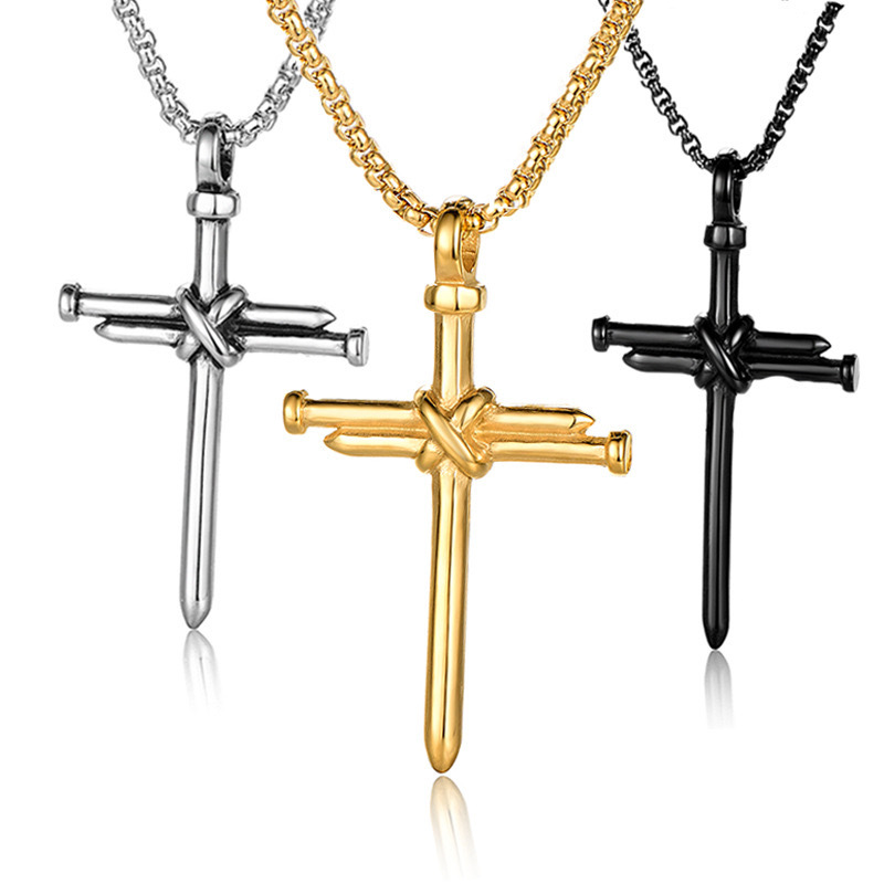 Hip Hop Gothic 316L Stainless Steel Nail Cross Pendant Necklace Gold Plated Mens Jewelry