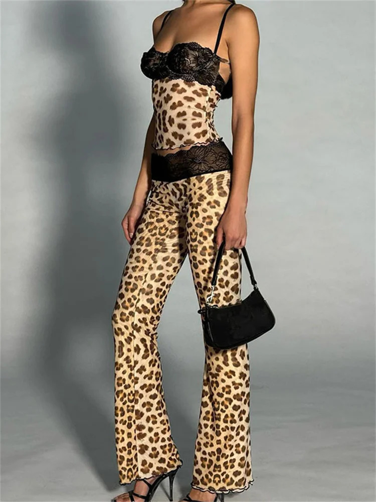 InGrily Sexy 2 Piece Set Women Patchwork Mesh Cleavage Sleeveless Crop TopsLeopard Print Skinny Pants Street Wild Trend Suit 250226