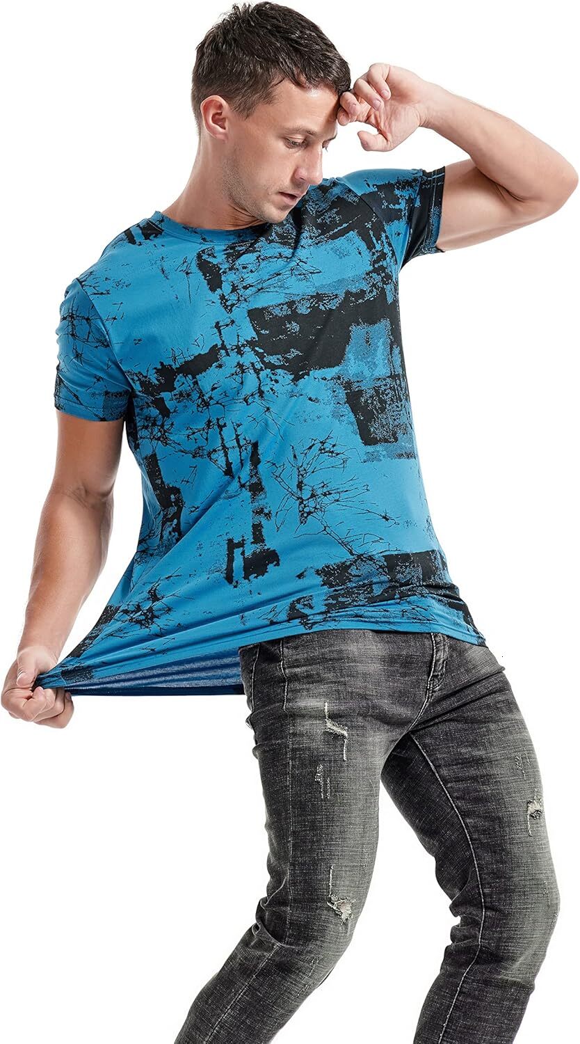 Mens T shirt Mens Hipster Hiphop Tees - Fashion Print T-Shirts tee Casual tops summer clothes blue