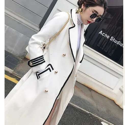 White Woolen Women Mid-Length Autumn/Winter Jacket British Hepburn Thicken Slim Black Double-Breasted Trench Coat