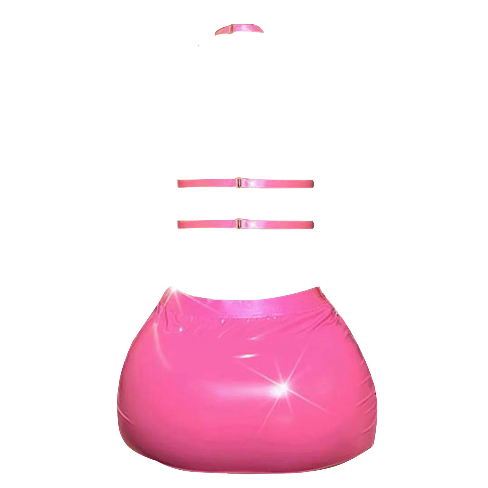 Womens 2Pcs Patent Leather Outfits Halter Neck Backless Bra Crop Tops with Bodycon Skirts Club Wear Rave Dance Party Dresses 250226