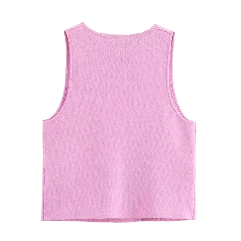 TRAF Knit Sleeveless Vest Woman Fashion Pink Knitted Cropped Female Double Breasted Summer Top In Short Coats 250226