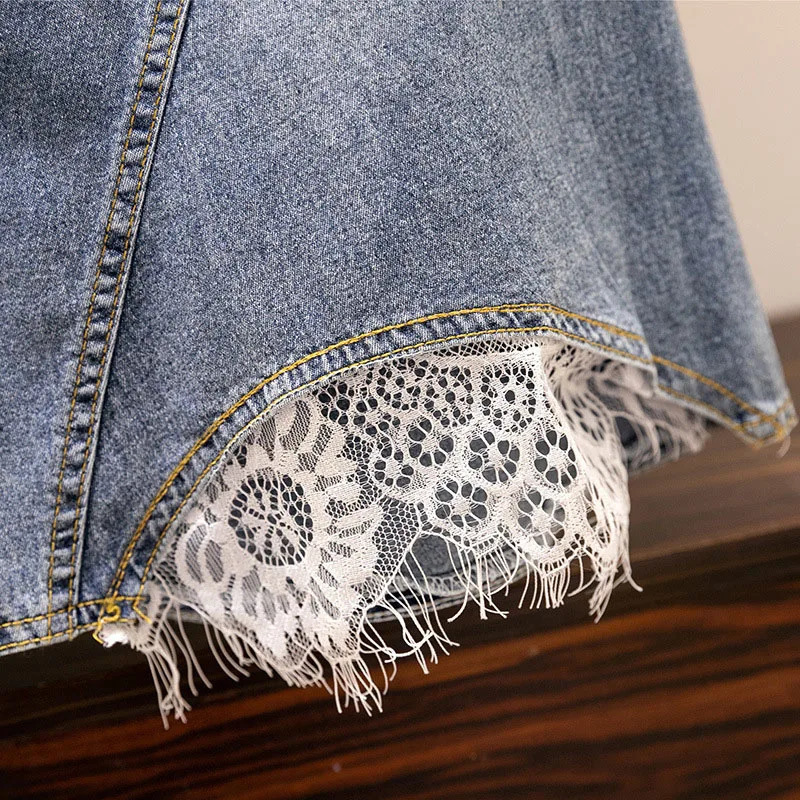 150Kg Plus Size Womens Summer High Waist Slim Loose Mid Length Lace A-line Denim Skirt Blue Hip 145cm 6XL 7XL 8XL 9XL 250224