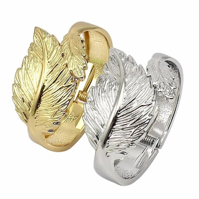 Womens Trendy 2 Tone Gold Leaf Bangle Bracelet Zinc Alloy High Quality Wedding Anniversary Jewelry 250227