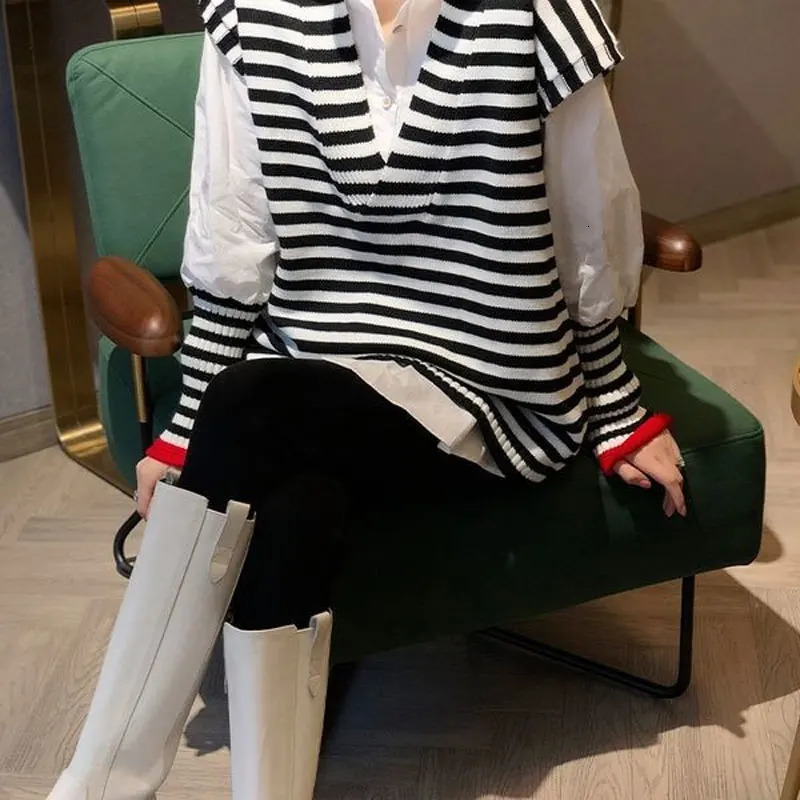 Female Casual Striped Patchwork Blouse Fashion V-Neck Knitted Vest Two Piece Set Korean Loose Single-breasted Polo-Neck Shirt 250226