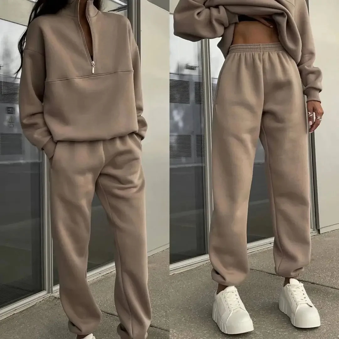 Casual Long Sleeve Sweatshirts and Trousers Fleece Two Piece Sets Lady Suit Womens Tracksuit Autumn Warm Hoodie 250226