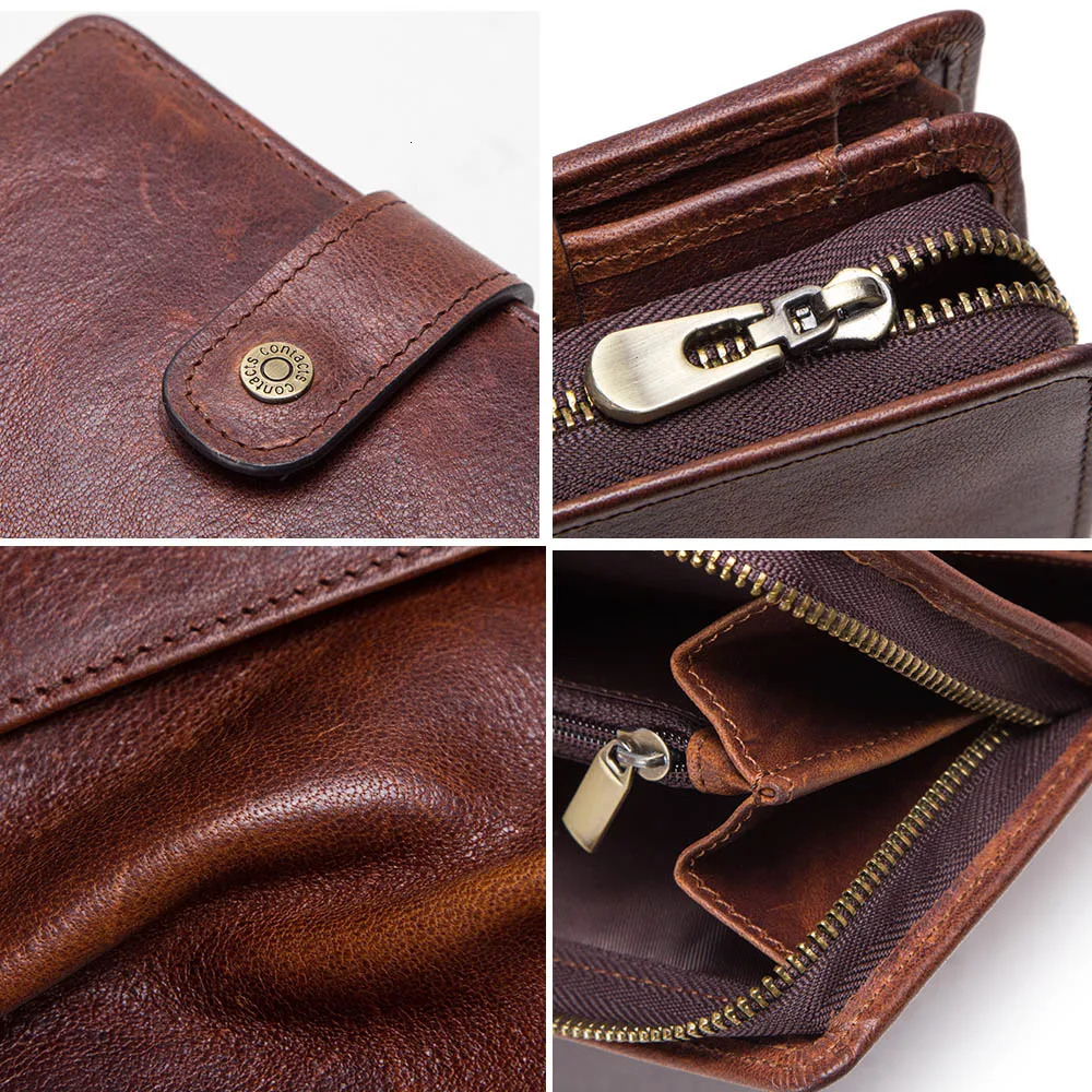 Ship from U.S. CONTACTS Genuine Leather RFID Vintage Wallet Men With Coin Pocket Short Wallets Small Zipper Wallet With Card Holders Man Purse 250227F