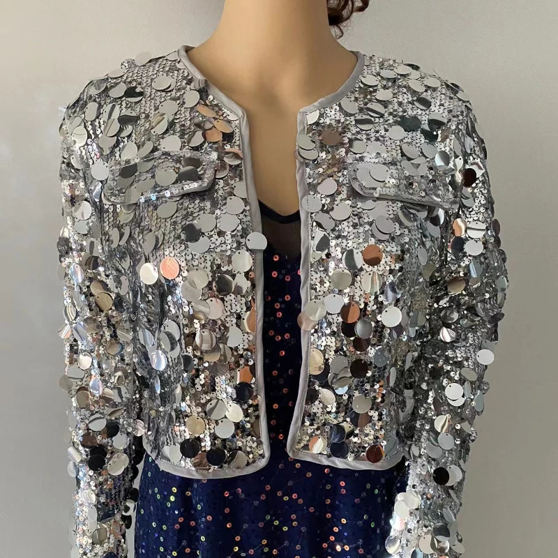 Spring Niche Fashion Heavy Industry Sequined Versatile Long Sleeve Jacket Womens Trendy Party Club Top 250227