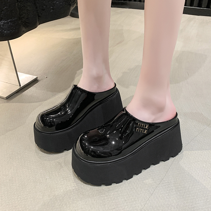 2025 Summer 8CM Half Tow Height Raising Women's Shoes Platform High Heels Leather Casual Women's Slippers Fashion Outdoor Sandals Casual Str