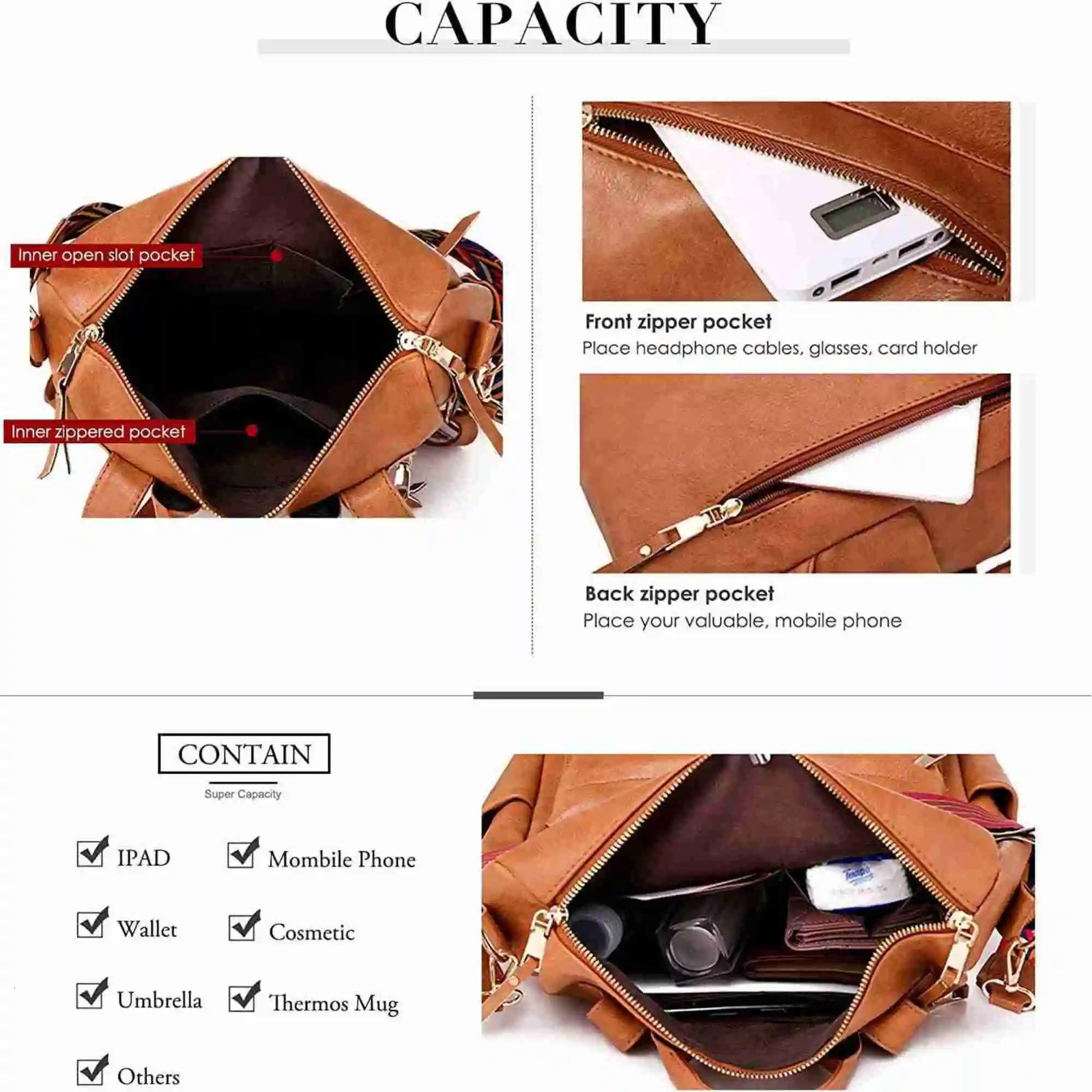 Ship from US Backpack Purse for Women Fashion PU Leather ner Antitheft School Convertible Shoulder Bags Brown 250227FBB