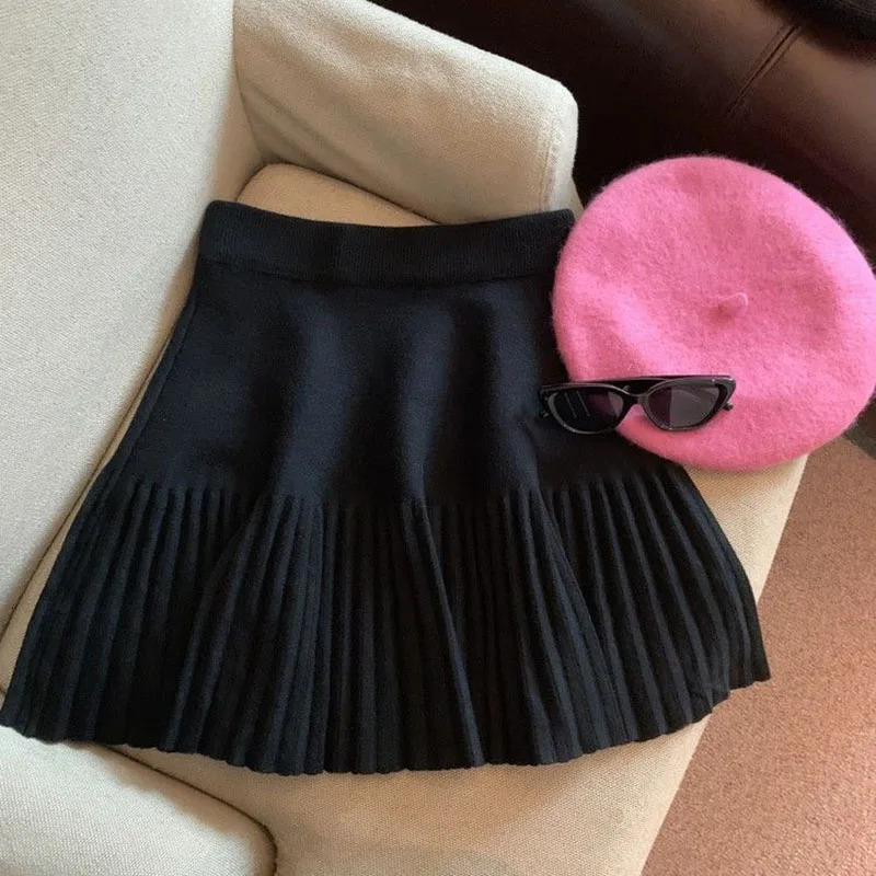 Xpqbb Knitted Pleated Skirt Women Fall Winter High-waisted A-line Skirt Female Preppy Style All-match Patchwork Mini Skirts 250224