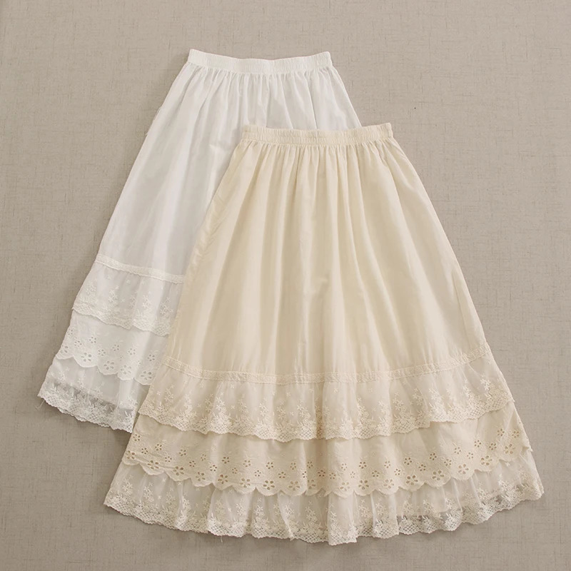 Japanese Sweet Mori Lace Floral Embroidery Cotton Skirt Women Korean High Elastic Waist Loose Underskirt A-line Skirts 250224