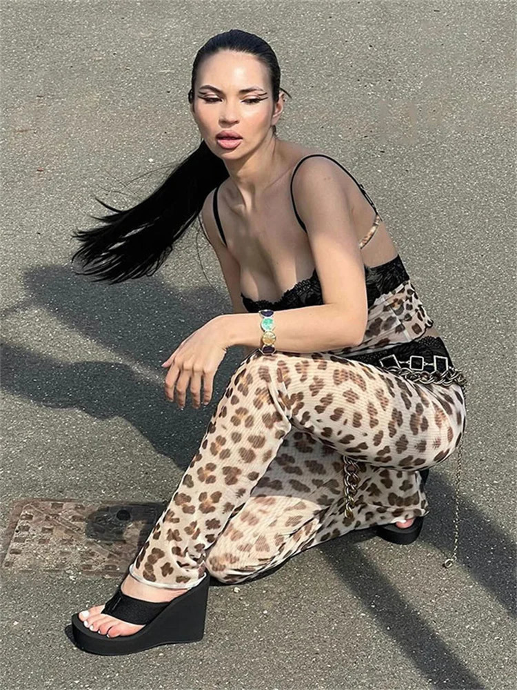 InGrily Sexy 2 Piece Set Women Patchwork Mesh Cleavage Sleeveless Crop TopsLeopard Print Skinny Pants Street Wild Trend Suit 250226