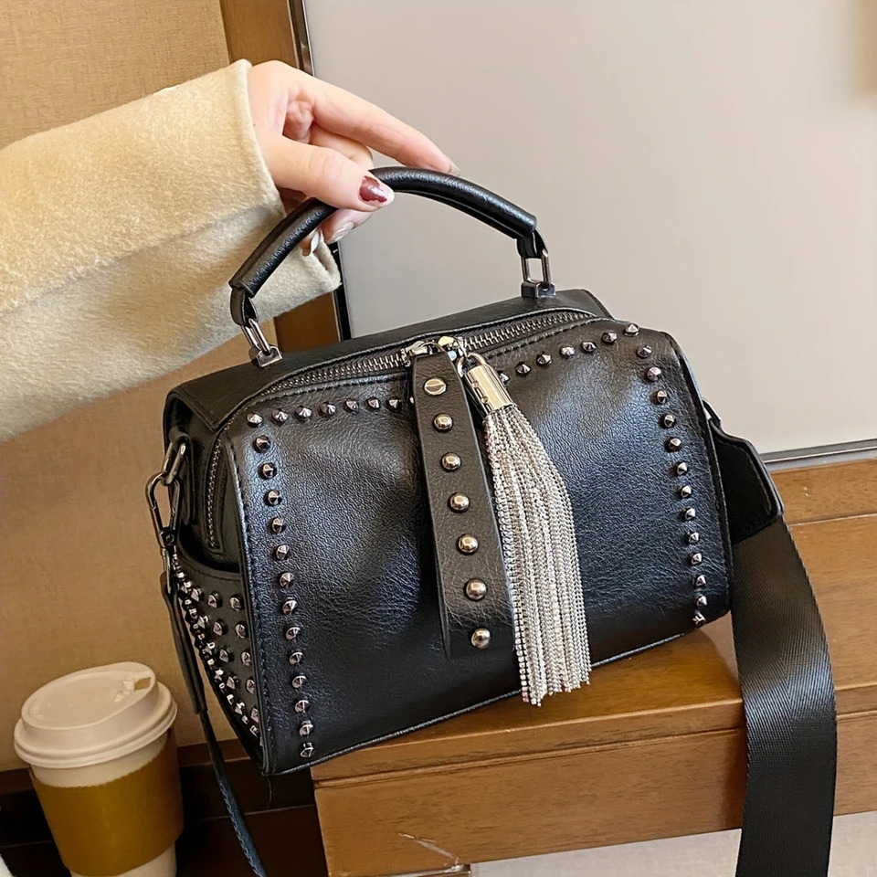 Ship from US Vintage Tassel Rivets Decor Handbag Ladies Fashion Punk Style Crossbody Boston Bag Womens Y2k Novelty 250227FBB